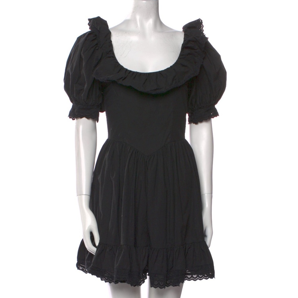 Doen Black Ruffled Puff-Sleeve Mini Dress